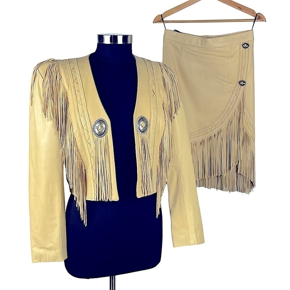 VINTAGE CONTINENTAL LEATHER SOUTHWEST BOLERO FRINGE CONCHO LAMB JACKET SKIRT SET - Picture 4 of 16